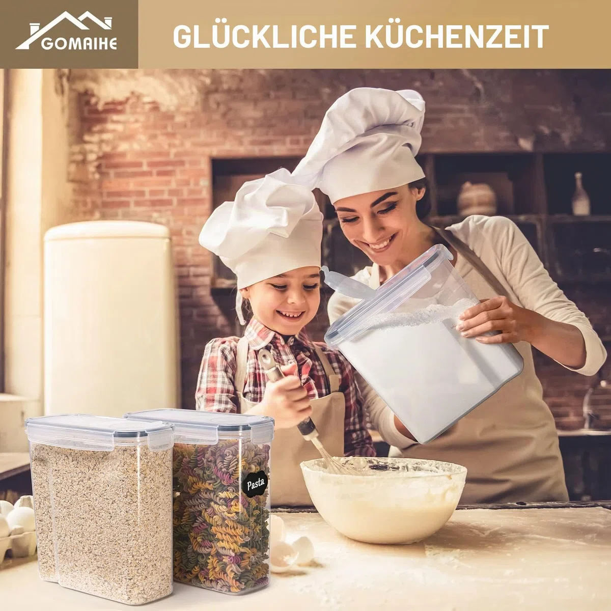 GoMaihe 4L Vorratsdosen 6 Set, Aufbewahrungsbox Küche Luftdicht Behälter aus Plastik Mit Deckel, Vorratsgläser zur Aufbewahrung von Nudeln, Müsli, Reis, Mehl, und für Futter Haustiere, MEHRWEG