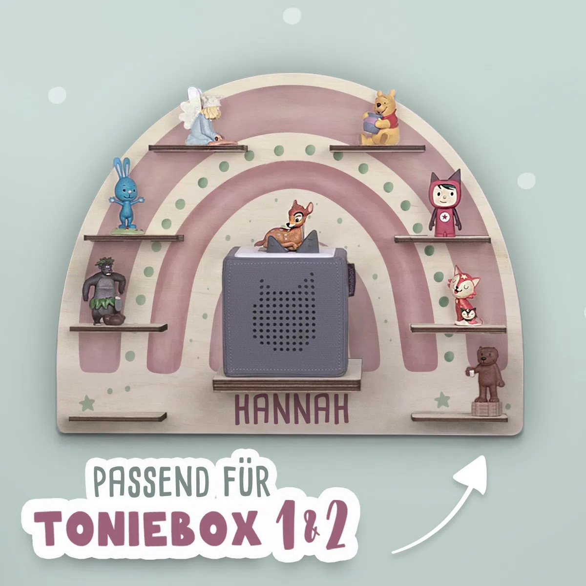 hellomini Personalisiertes Tonie Regal Mädchen - Toniebox 1 & Toniebox 2 Regal mit Wunschnamen fürs Kinderzimmer - Regal Mädchen - Kinder - Toniebox Aufbewahrung (Regenbogen Druck)