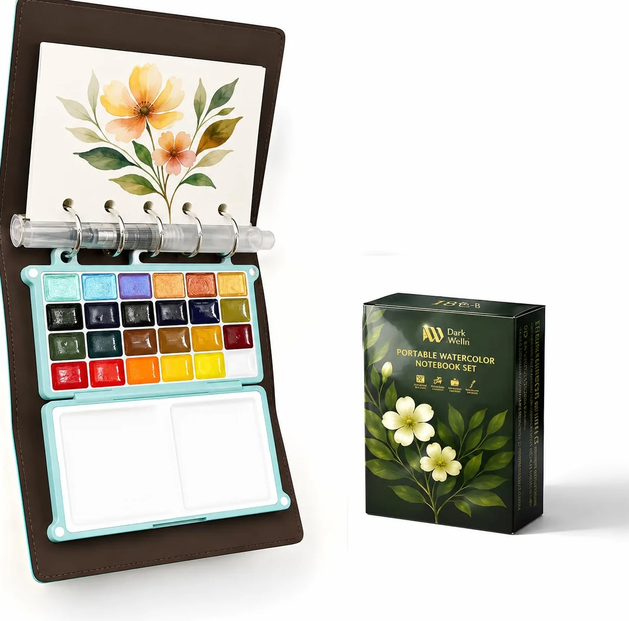 DarkWish Reiseaquarellkasten (Passgröße) - Profi Aquarell Set, 24 Farben (+ 6 Metallic) & 300g Papier (Schwarz/Weiß), PU-Leder Ringbuch für Urban Sketching, Plein Air & Künstler Geschenk