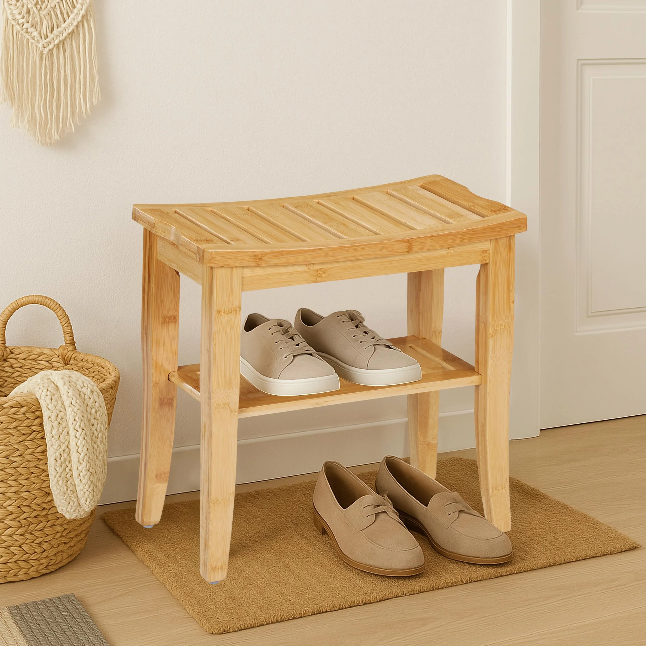 Relaxdays Badhocker Bambus, HxBxT: 45,5 x 48 x 25 cm, Traglast: 150 kg, Antirutsch-Füße, Sitzhocker mit Ablage, Natur