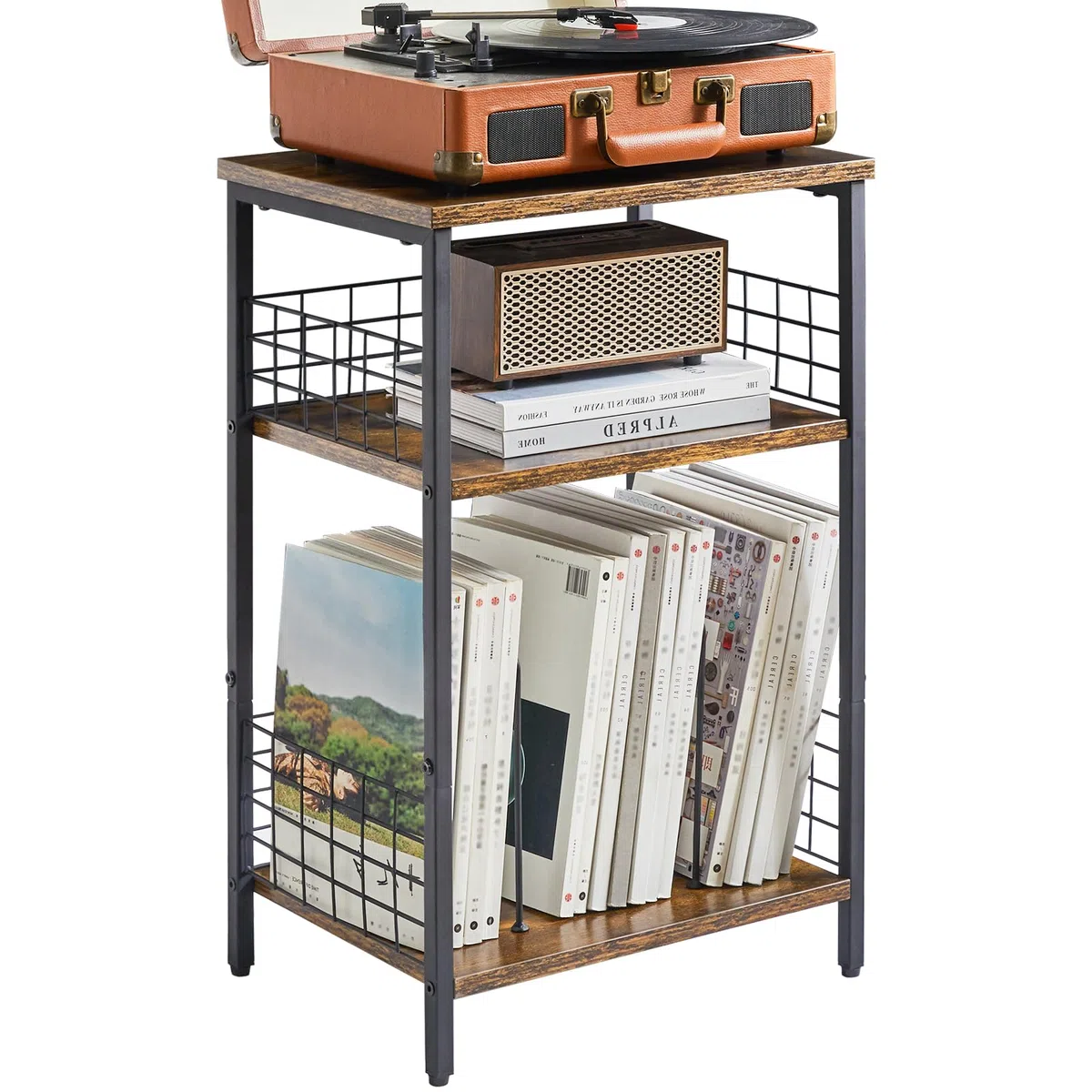 YMYNY Beistelltisch, 3 Ebenen Standregal, Plattenständer mit klassifizierter Lagerung, Schutzeisennetz, für Plattenspieler, CDs, Magazin, Wohnzimmer, Schlafzimmer, Studio Rustikal Braun HST009H