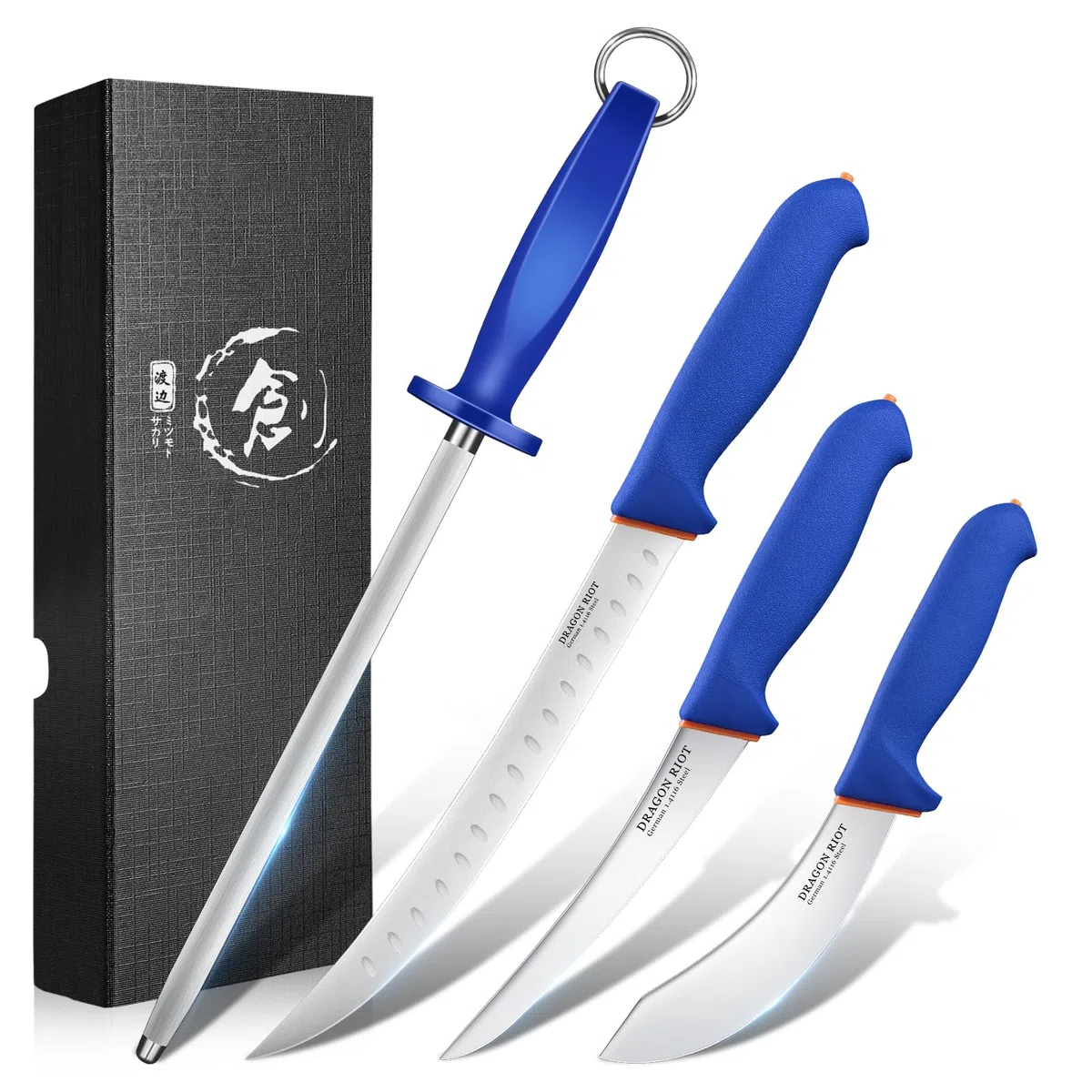 DRAGON RIOT Fleischmesser Set extrem Scharf, Kochmesser Set Enthält ein Ausbeinmesser Profi, ein blaue fleischmesser, ein Metzgermesser und einen Wetzstahl, Messerset für Fleisch und BBQ