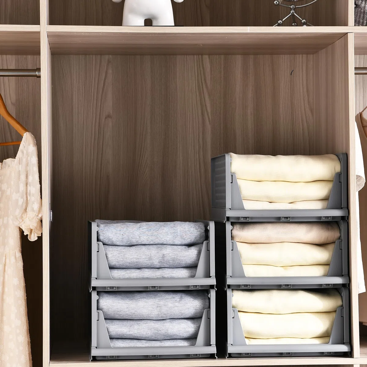 RMAN 4er Set Kleiderschrank Organizer Stapelbare Schubladenbox Schrank Regal Faltbaren Aufbewahrungsbox Plastik Trennwand Stapelschubladen für Kleidung Küchen Bad Schlafzimmer Grau