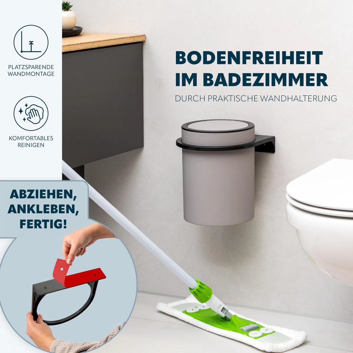bremermann runder Kosmetikeimer SAVONA mit Softtouch-Oberfläche inkl. Wandhalterung zum Kleben oder Bohren mit Schwingdeckel, Abfalleimer aus Kunststoff, 5,5 Liter Fassungsvermögen (Taupe)
