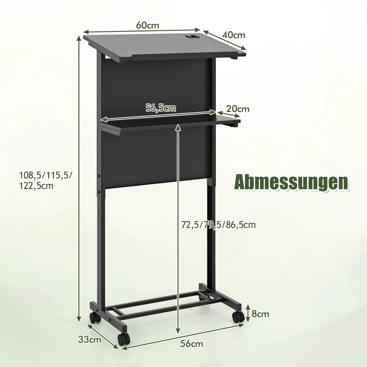 GYMAX Stehpult, Rednerpult mit 4 Rollen, höhenverstellbar Schreibtisch mit stabilem Metallrahmen, Ablagefläche & Kabelloch, Laptoptisch, mobiler Stehtisch für Büro & Zuhause, 60 x 40 cm, Schwarz