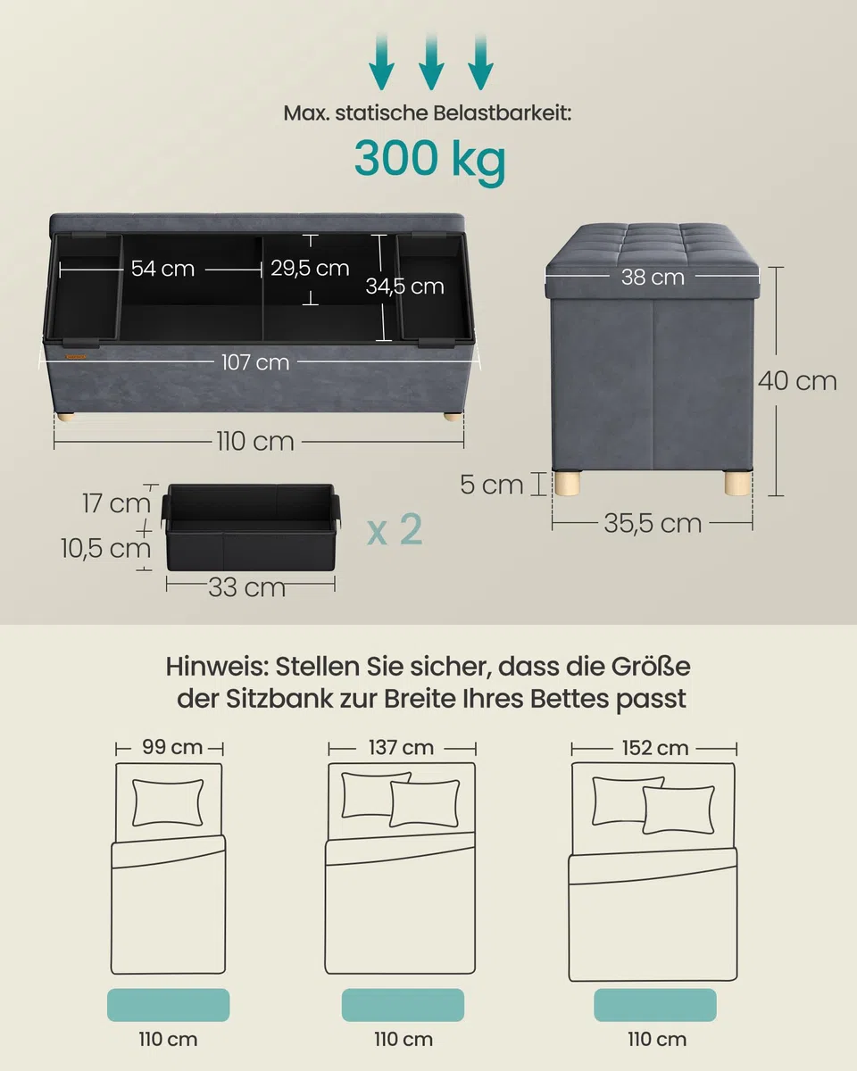 SONGMICS Sitzbank mit Stauraum, Hocker faltbar, 38 x 110 x 40 cm, Aufbewahrungsbox mit Deckel, Fußhocker 112 L, Samt, bis 300 kg belastbar, Flur Wohnzimmer Schlafzimmer, schiefergrau LSF0518G02