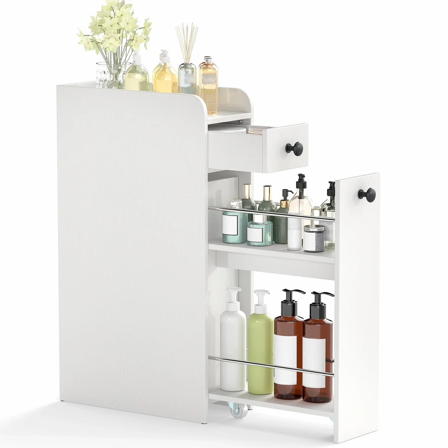 COSTWAY Nischenschrank mit Rollen, Badezimmerschrank mit offener Ablage & 2 Schubladen, Rollwagen, Nischenwagen schmal für Badezimmer, Küche & Wäscherei, 18 x 40 x 70 cm (Weiß)