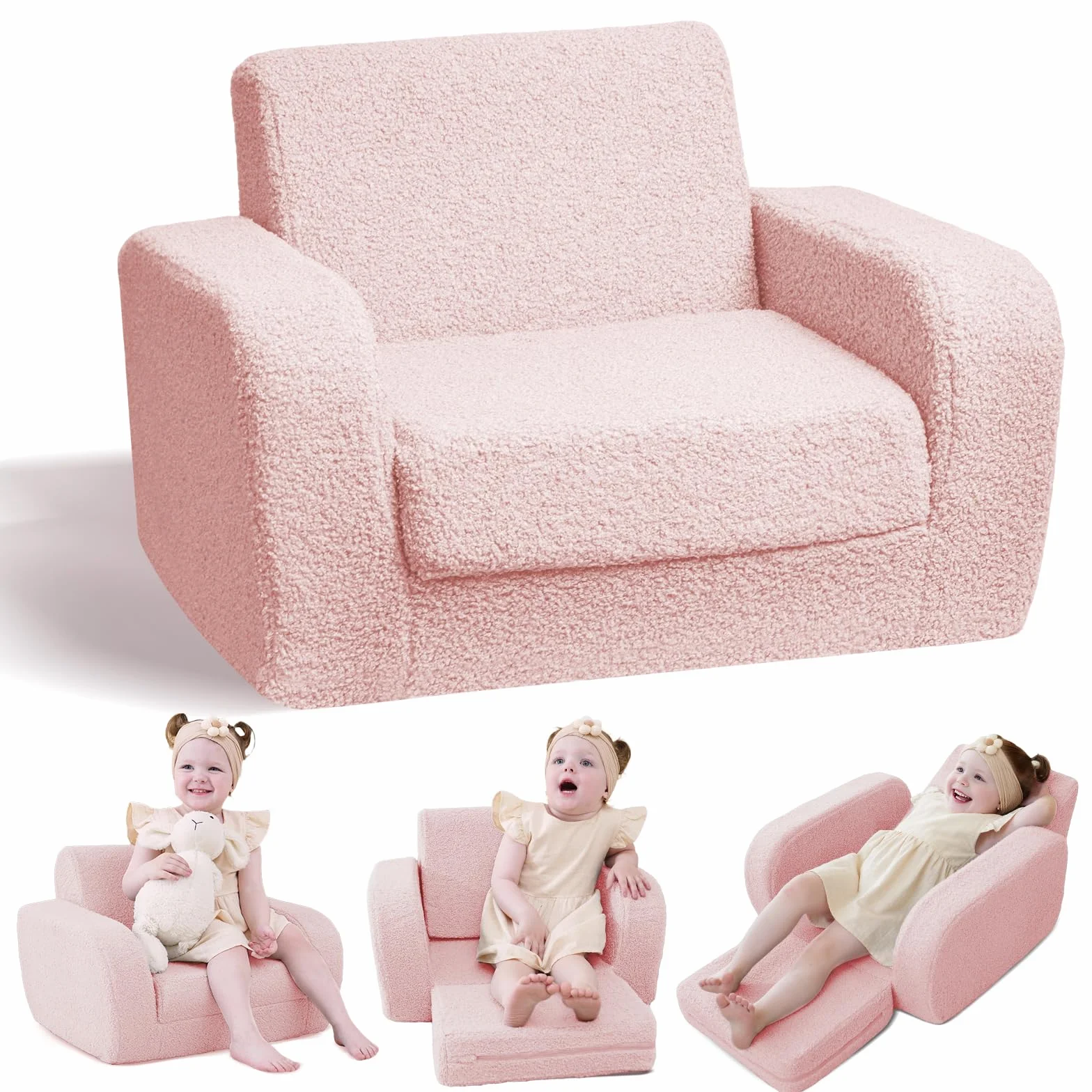 KidBloom 3 in 1 Kindersofa mit Schlaffunktion, Plüsch Kindersofa Ausklappbar, Ergonomischer Kindersessel ab 1 2 3 Jahr (Rosa)