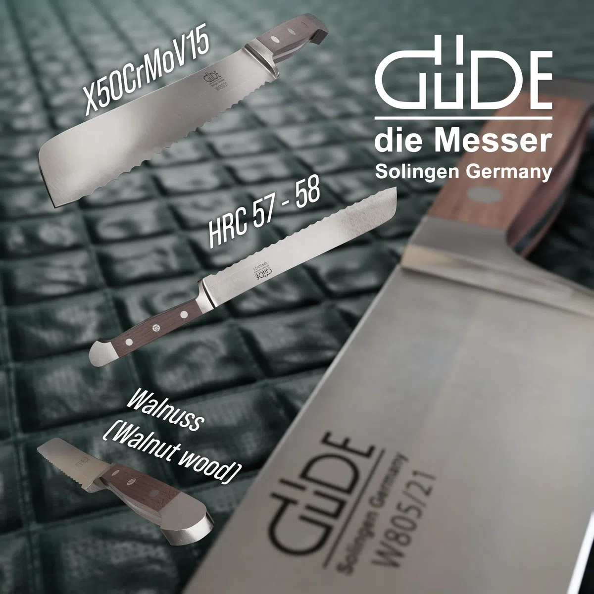 GÜDE Solingen - Brotmesser geschmiedet, 21 cm, Walnussholz, ALPHA WALNUSS, Doppelkropf, Handmade Germany