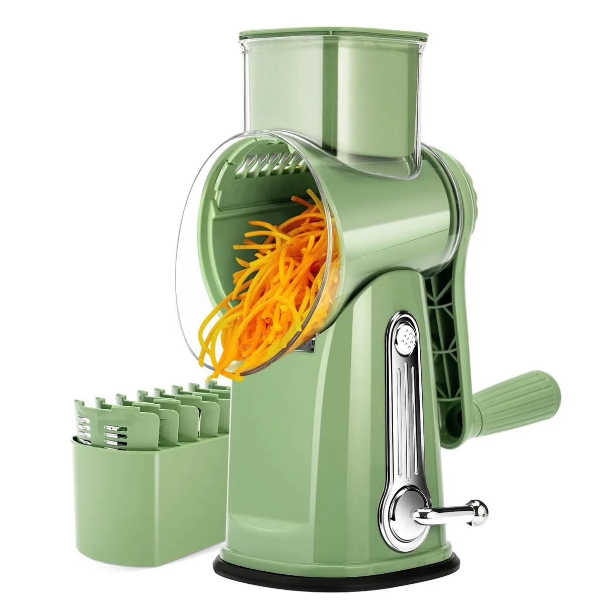 SUSTEAS Käsereibe mit Kurbel - Reibe für Gemüse mit 5 Trommelblättern, Starkem Saugfuß, Gemüseschneider,ideal für Käse,Gurken, Karotten,Nüsse,Gemüse usw, mit Klingenaufbewahrungsbox (Retro-Grün)
