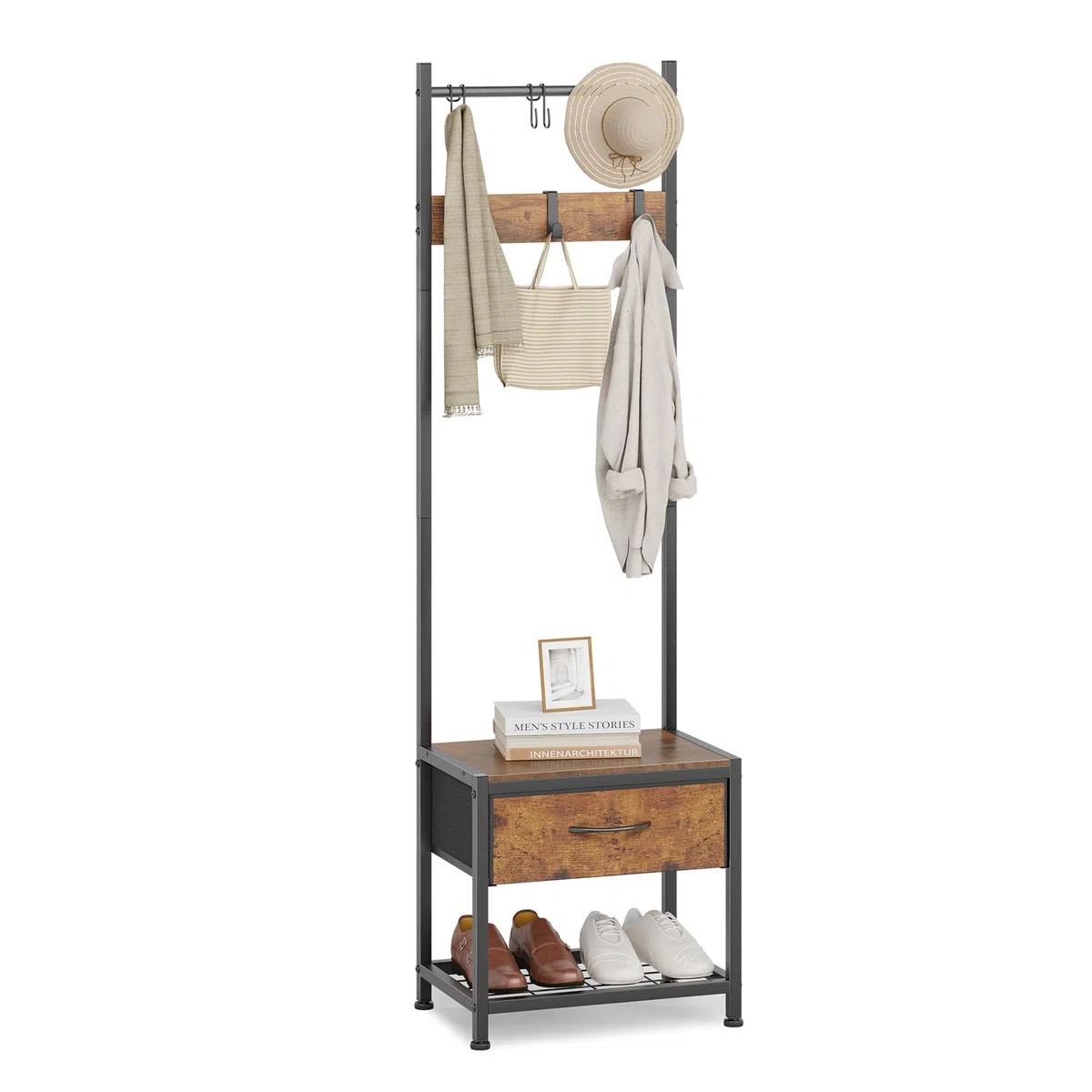 Leader Accessories Garderobenständer mit Bank Platzsparendes Design Metallgarderoben rustikal Kleiderständer 154x30x45cm (HxTxB) Schwarz/Braun