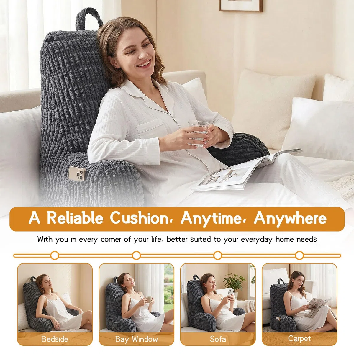 Lesekissen, Rückenkissen für Bett und Sofa, Rückenlehnenkissen für Erwachsene, Ergonomisches Stützkissen zum Sitzen, Lesen und Fernsehen