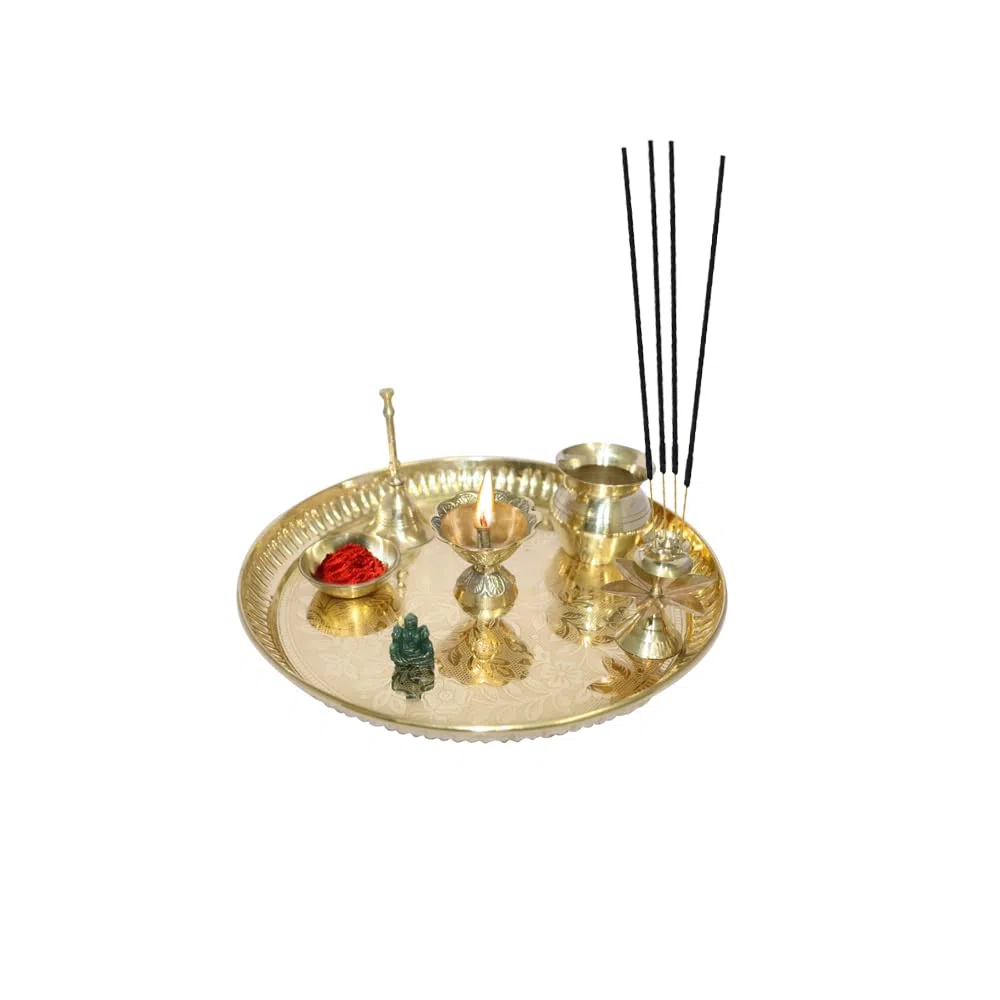 Pooja Thali Set mit 5 indischen dekorativen Puja-Artikeln, Aarti-Teller für Tempel, Hochzeit, Heimdekoration, Mandir, Messing, Tika Thali, Diwali, Dekorationsgeschenke