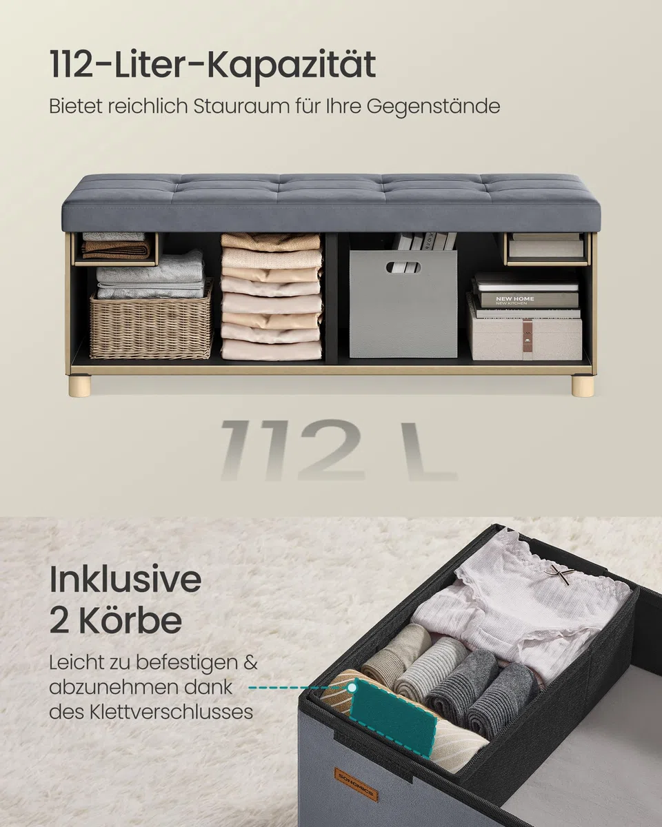 SONGMICS Sitzbank mit Stauraum, Hocker faltbar, 38 x 110 x 40 cm, Aufbewahrungsbox mit Deckel, Fußhocker 112 L, Samt, bis 300 kg belastbar, Flur Wohnzimmer Schlafzimmer, schiefergrau LSF0518G02