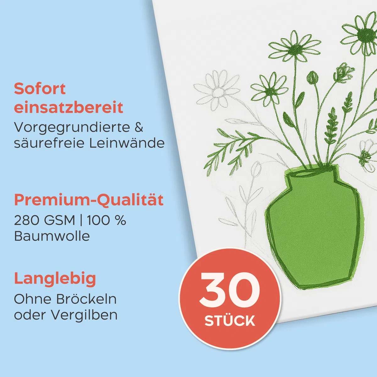 Zenacolor Leinwand Zum Bemalen 3 Größen (30 Stück) - Leinwände Set 280 g/m² 100% Baumwolle - Für Acrylfarbe, Ölmalerei, Gouache
