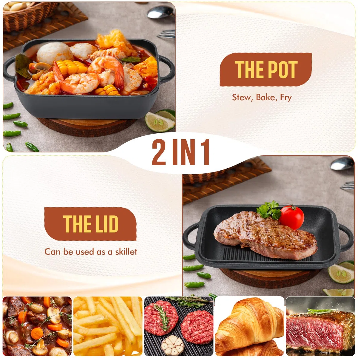 Maxdot 2-in-1 Gusseisen-Brotpfanne mit Deckel, 5,7 qt, antihaftbeschichtet, Kastenformen mit Doppelgriffen, Deckelhebel, Ofen für Sauerteigbrot, Backen Braten zum Backen von Brot, Kochen und Braten