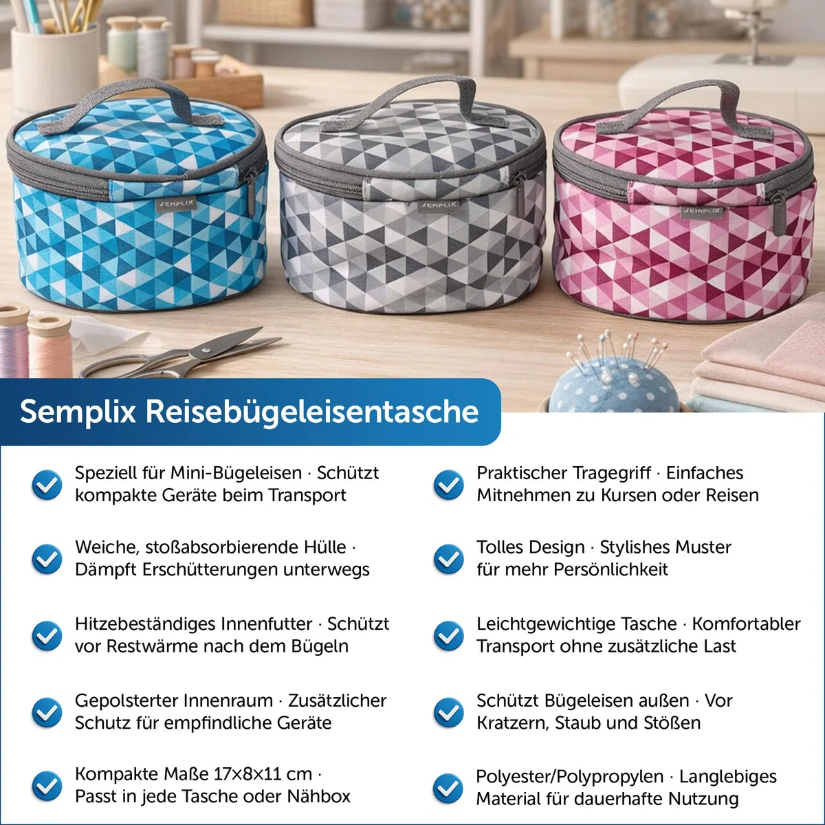 SEMPLIX Mini-Bügeleisen Bundle – Kompaktes Komplettset für Nähen, Quilten & Reisen mit Prym Mini-Dampfbügeleisen, Reisebügeleisentasche und Silikonablage (Diamond Türkis)