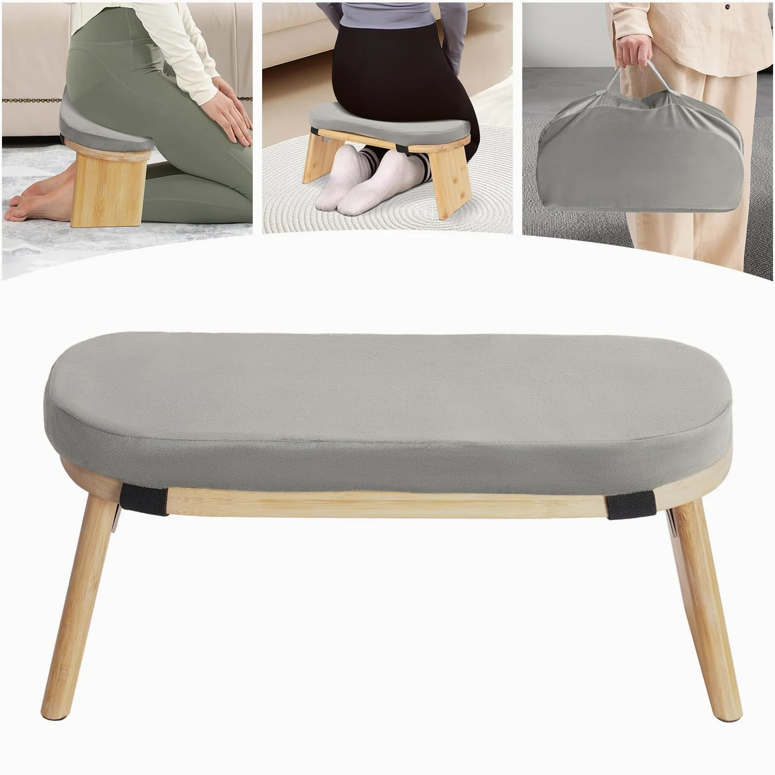 MINRS Meditationsbank klappbar Meditationshocker Holz Meditationsbank mit kissen Ergonomischer Gebetshocker Yoga Hocker zum Knien & Sitzen - Tiefere & Längere Meditation, Graue