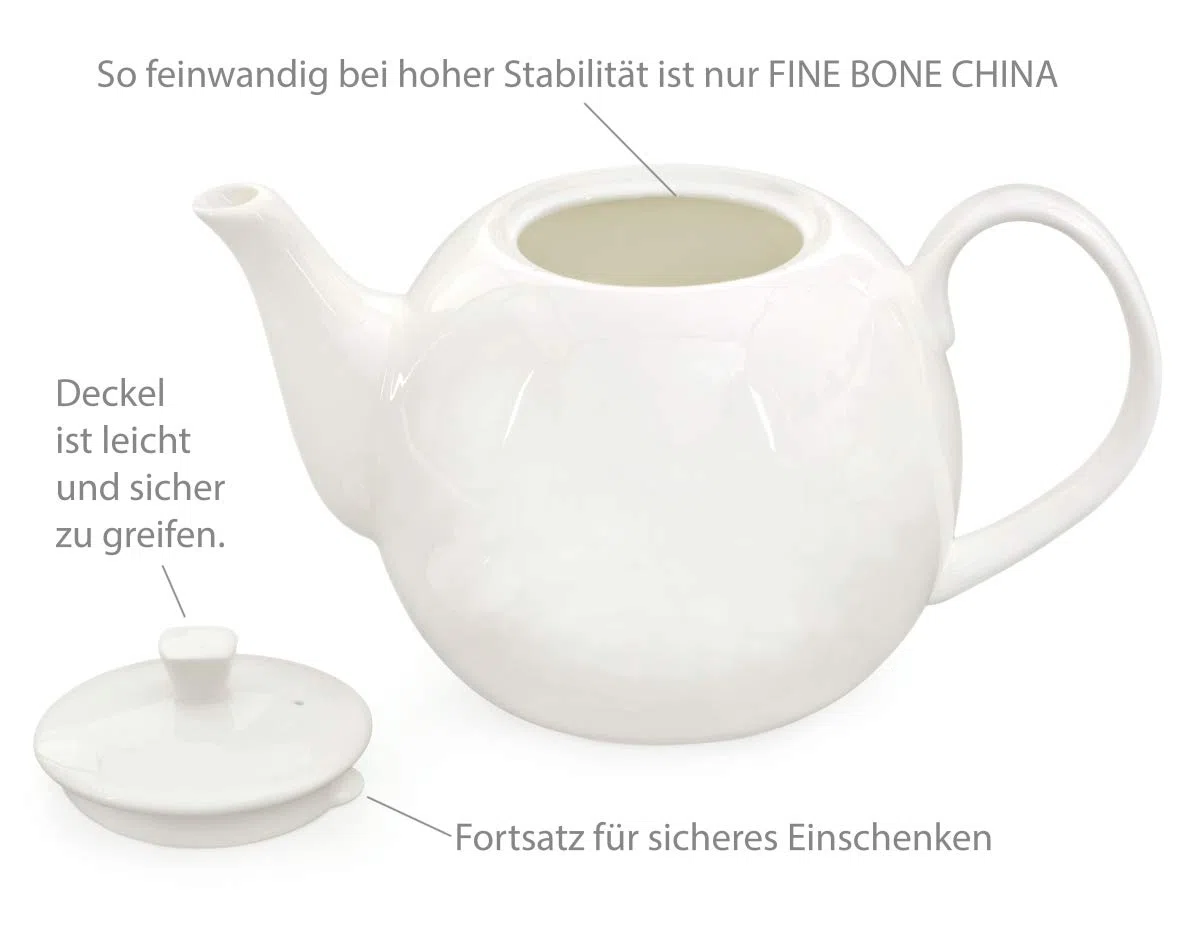 Teekanne 1500 ml Porzellan Fine Bone China weiß