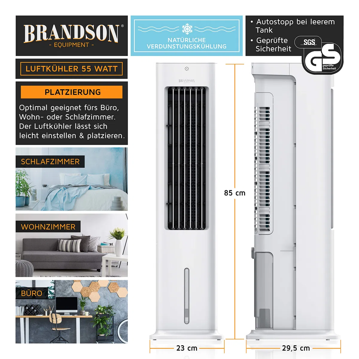 Brandson - Luftkühler mit Wasserkühlung - 5-in-1 - Verdunstungskühler, Luftbefeuchter, Ventilator & Luftreiniger, mobile Klimaanlage ohne Abluftschlauch - Preisträger 2025 - leise - 5L Wassertank