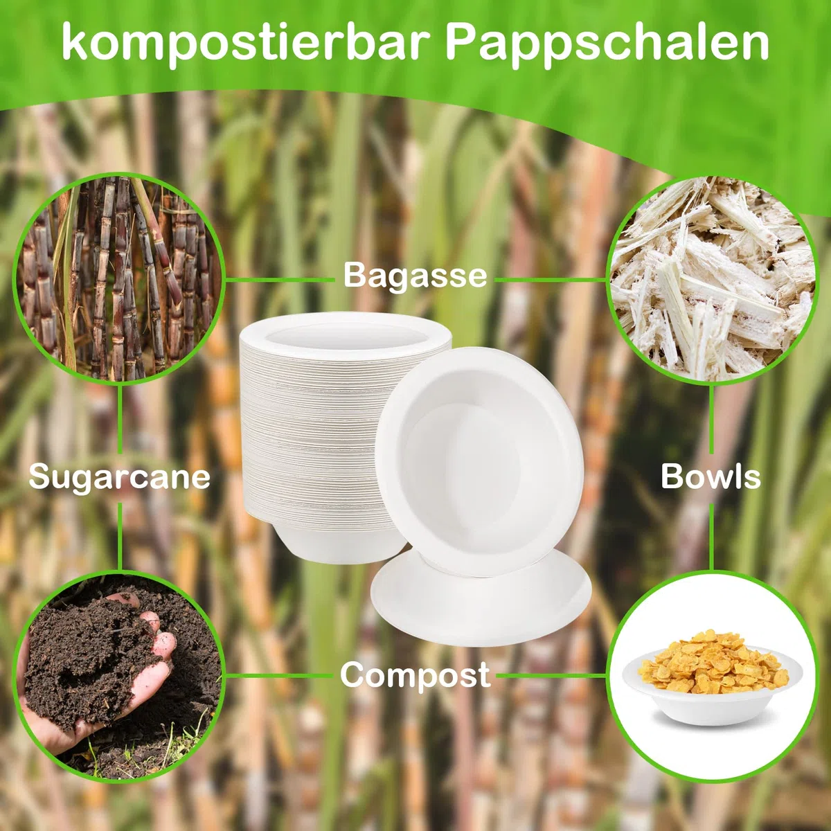 greensight 200 Stück Pappschalen Einweg Suppenschalen 470ML Zuckerrohr Einweggeschirr Suppenteller Einwegsuppenschale Schälchen Bio Party Rund Weiß Kompostierbare Einwegteller tief