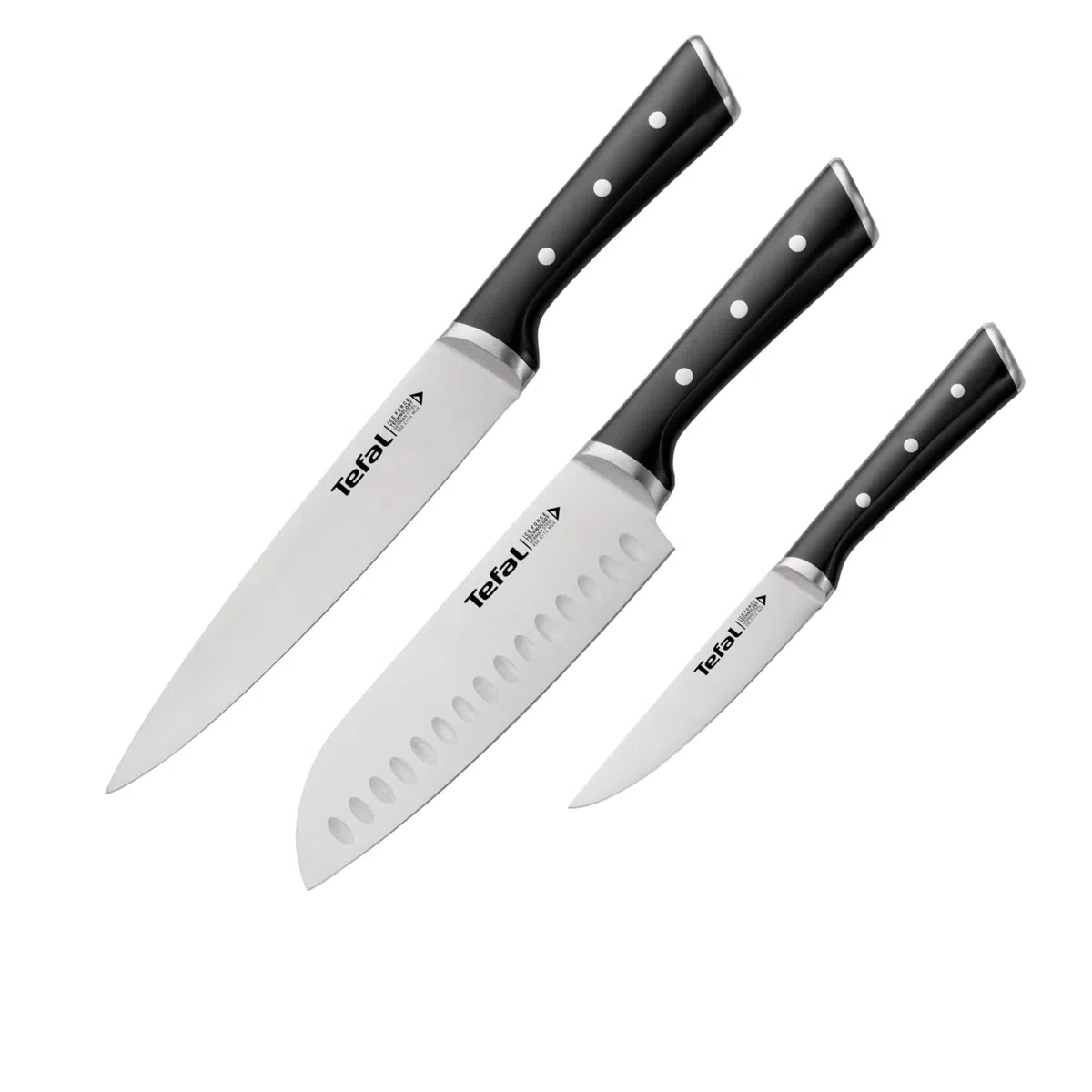 Tefal Ice Force 3-teiliges Messerset, Fleischmesser 20 cm, Santokumesser 18 cm, Universalmesser 11 cm, deutscher Edelstahl, lang anhaltende Schneidleistung und Schärfe, Edelstahl/Schwarz, K232S374