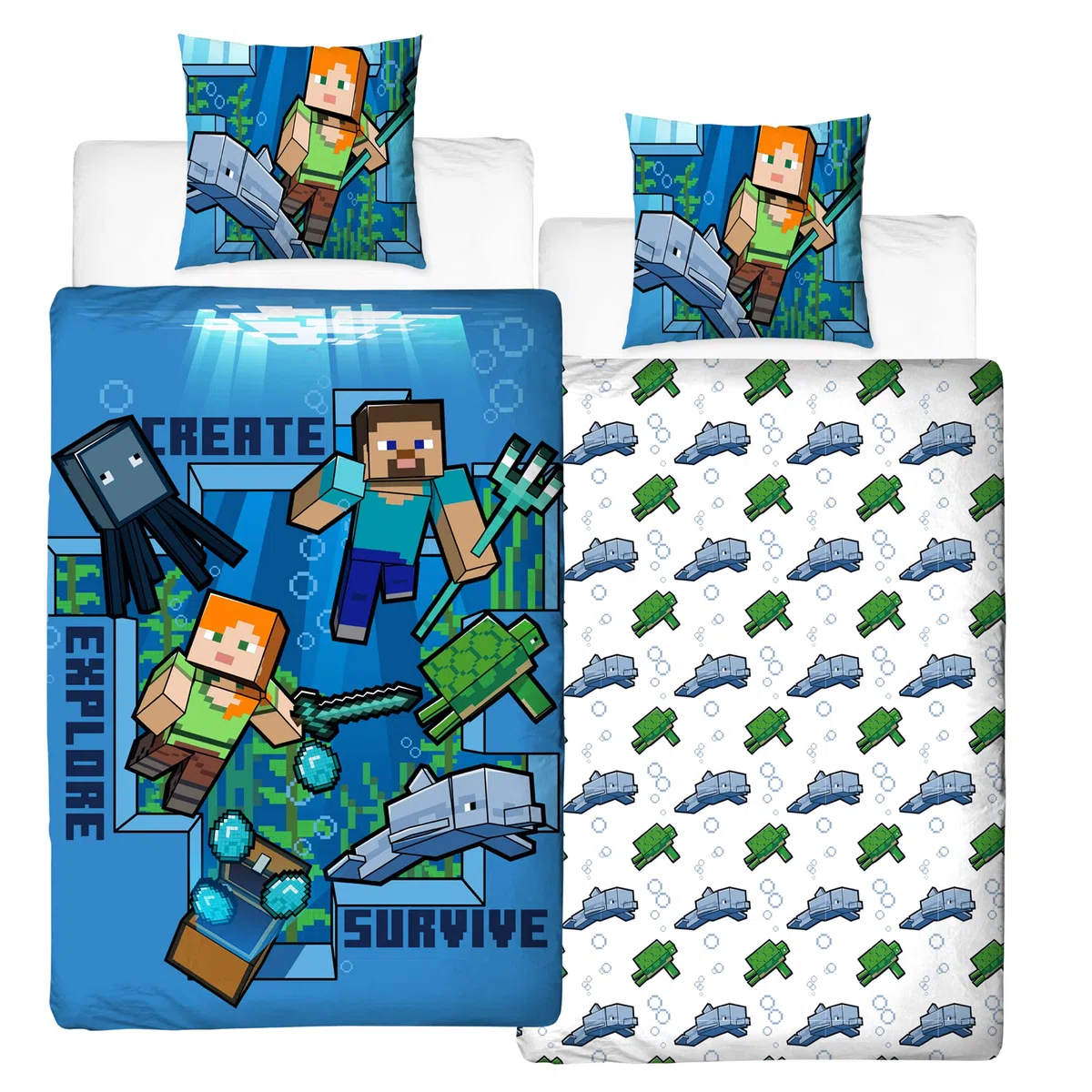Minecraft Bettwäsche Kinderbettwäsche Jugendbettwäsche 135x200 · Unterwasserwelt · Wende Motiv · Kissenbezug 80x80 + Bettbezug 135x200 cm · 100% Baumwolle · deutsche Größe