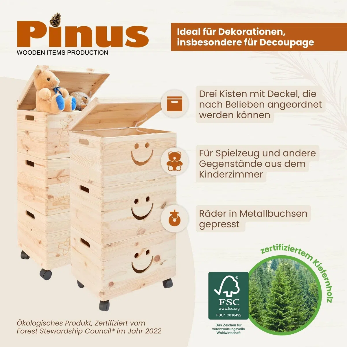 Pinus Spielzeugkiste 3er Set Lächeln mit Deckel 39x30x74cm stapelbar Rollen
