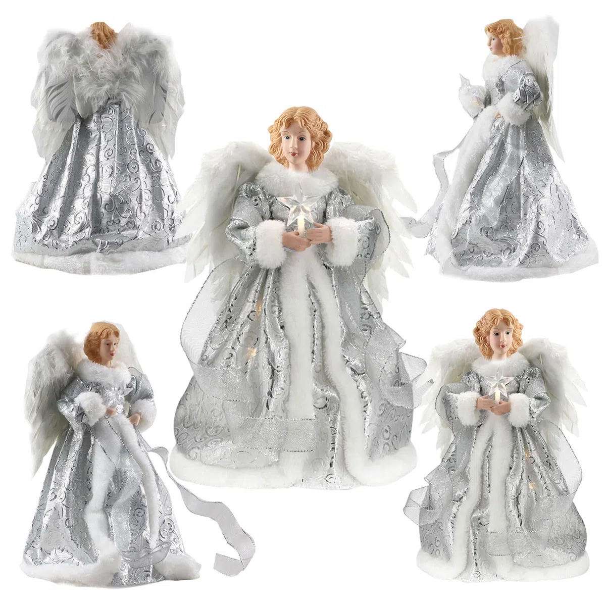 Tefola Engel-Baumkronen-Figur, 12.6 Zoll Engel Weihnachtsbaumspitze, LED-Weihnachtsbaumspitze, Die Weihnachtswerkstatt, Stern-Engel-Dekoration, Weihnachtsengel, schöne Weihnachtsdekoration (Silber)