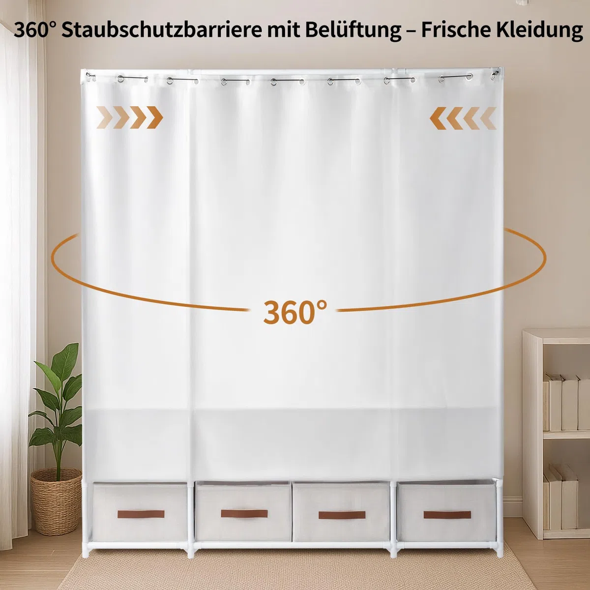 LEADZM Kleiderschrank offen mit Vorhang, Kleiderständer freistehende Garderobe mit Kleiderstangen, Stoffschubladen 144 x 45 x 166 cm (Weiß, 144x45x166cm)