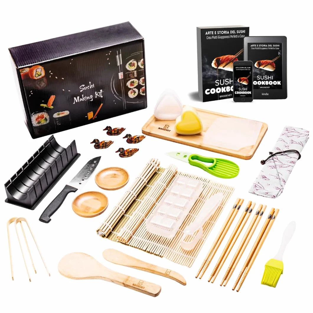 Sushi Set Neuheit 2026, 29-teilig mit PRAKTISCHEM GUIDE, Kochbuch & Rezeptbuch, Professioneller Sushi Maker Set für Anfänger, mit Bambusmatte, Essstäbchen und Onigiri Form