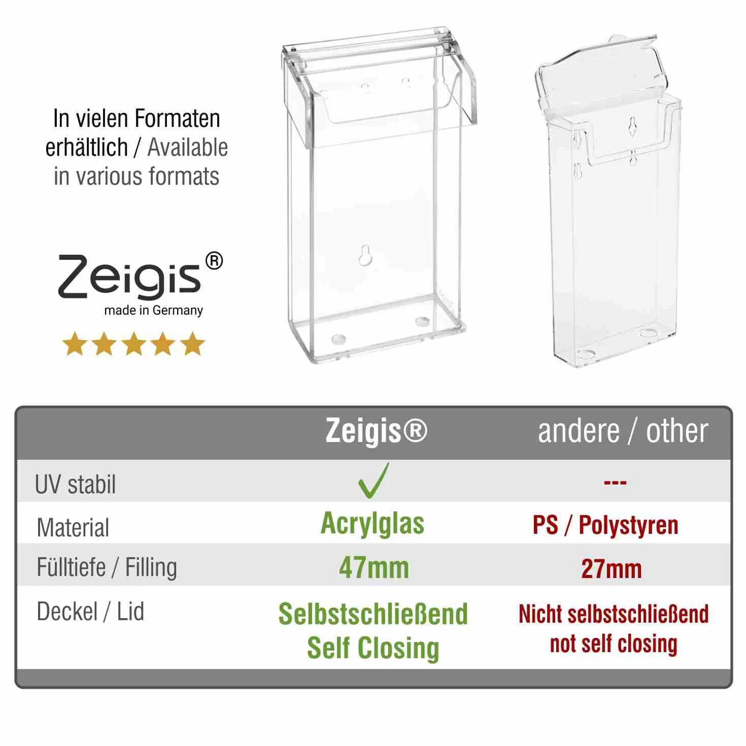 Zeigis DIN A4 Prospektbox/Prospekthalter/Flyerhalter im Hochformat, wetterfest, für Außen, mit Deckel, aus glasklarem Acrylglas