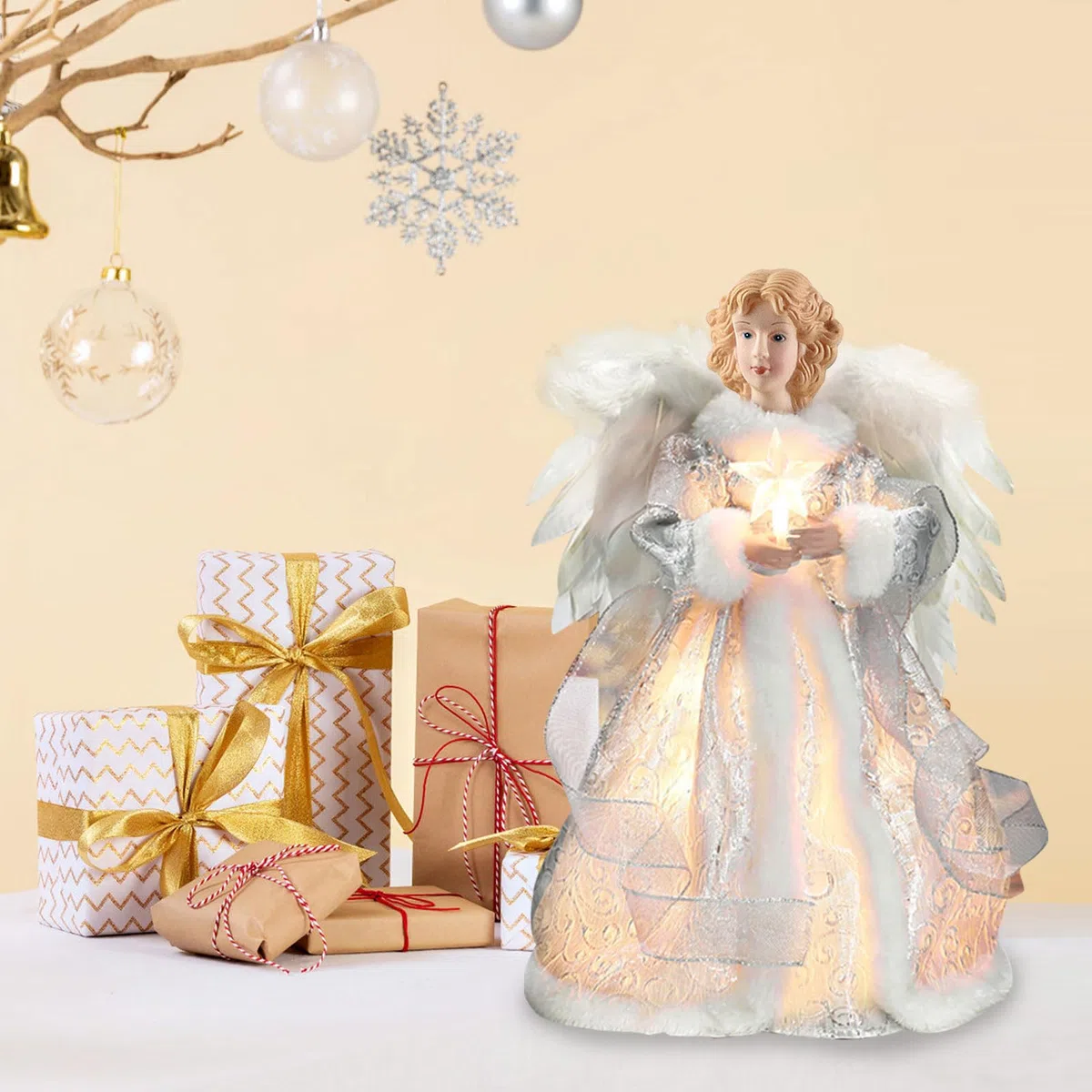 Tefola Engel-Baumkronen-Figur, 12.6 Zoll Engel Weihnachtsbaumspitze, LED-Weihnachtsbaumspitze, Die Weihnachtswerkstatt, Stern-Engel-Dekoration, Weihnachtsengel, schöne Weihnachtsdekoration (Silber)