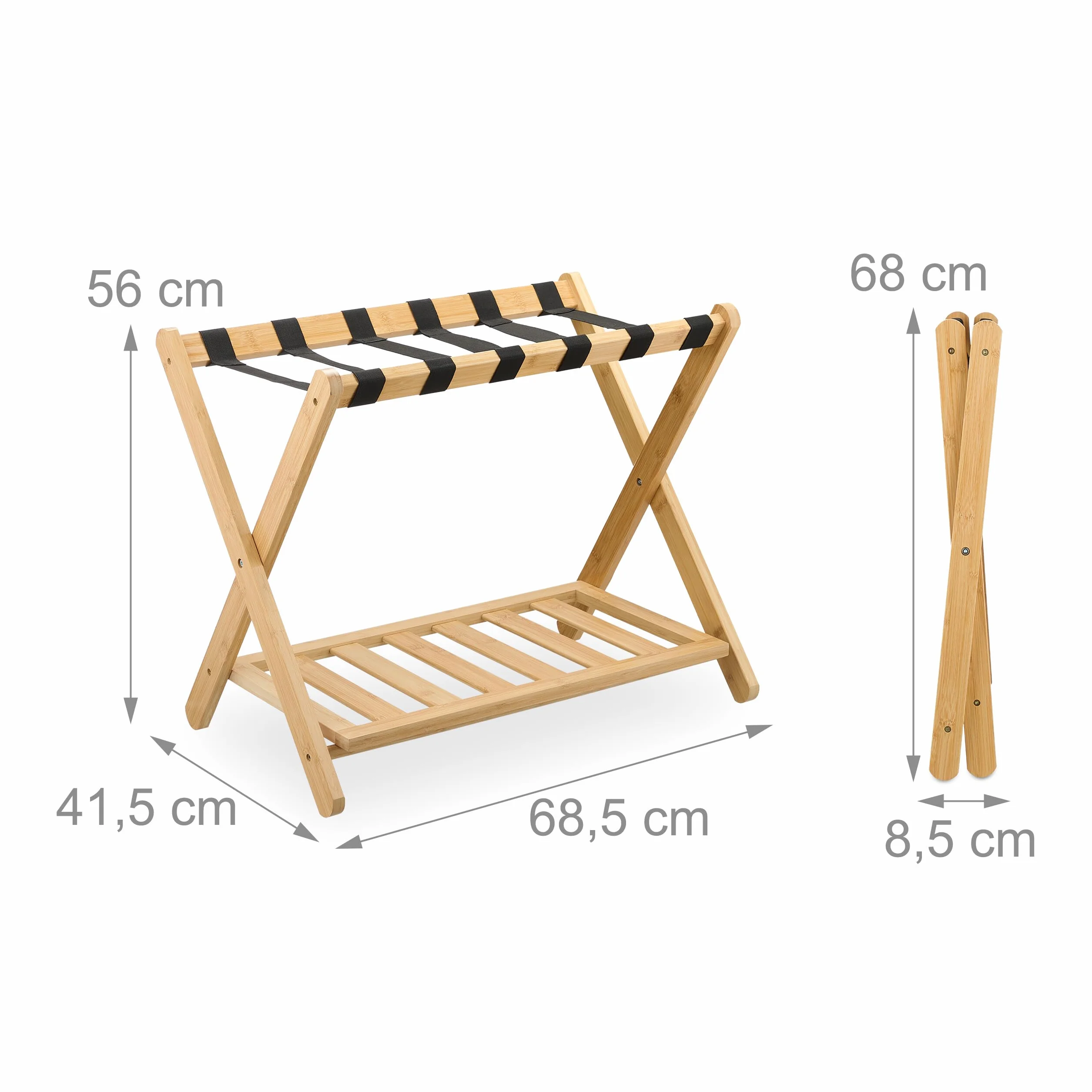 Relaxdays Kofferständer, klappbar, Bambus, HBT: 56 x 68,5 x 41,5 cm, Gepäckständer mit Ablage, Kofferablage Hotel, Natur