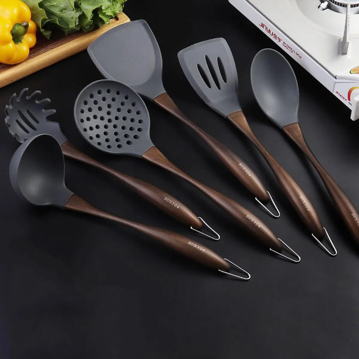 Küchenhelfer Set, 6 Teiliges Silikon Kochutensilien Kochbesteck Set, Hitzebeständiger Kochgeschirr Mit Utensilienhalter, Antihaft Kochset Küchenutensilien, Spülmaschinenfest