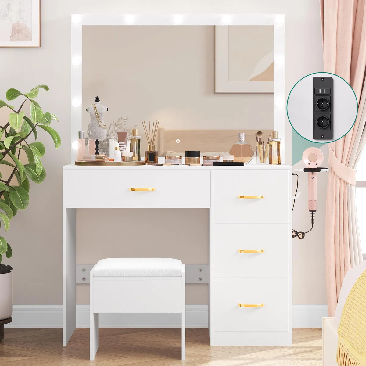 YITAHOME Schminktisch mit Spiegel, Kosmetiktisch mit 4 Schubladen, Frisiertisch mit Hocker, Beleuchtung, Steckdose, Weiß (Make Up Tisch, Frisiertisch, Kosmetiktisch, Vanity Table)