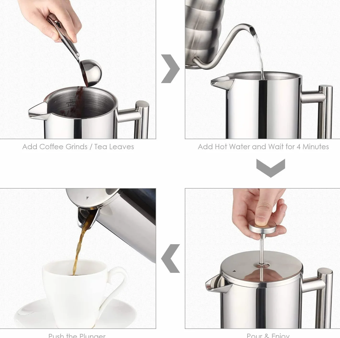 Kaffeebereiter French Press 1,5 Liter Kaffeezubereiter aus Edelstahl, Doppelwandig Isoliert French Press Caffettiera Kaffeekanne mit 2 Extra Sieben, Silber 1500ml