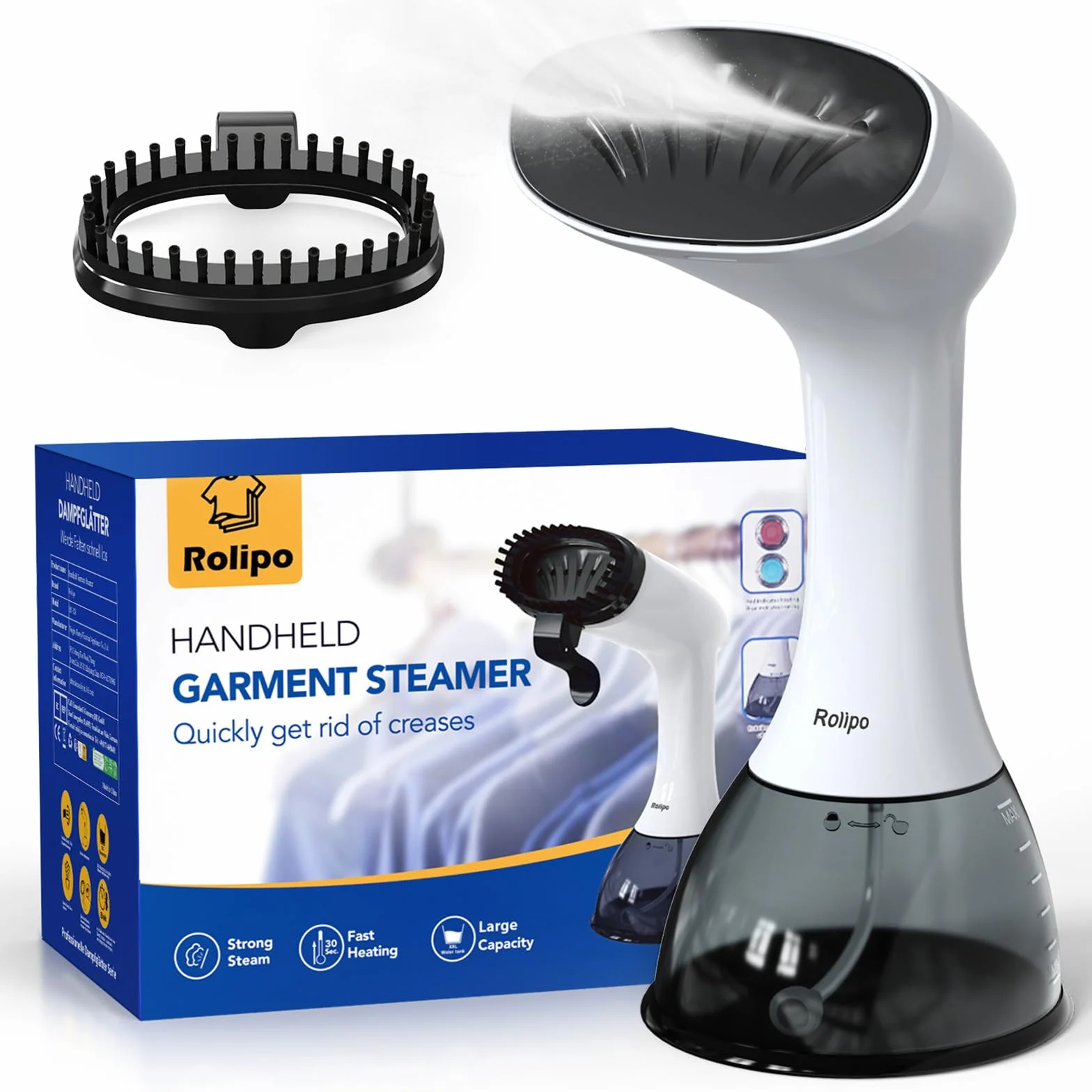 Rolipo Dampfglätter 1640W, 400ML Steamer Wassertank Dampfbürste Faltenentferner, für Zuhause, Büro, Reisen, Weiß