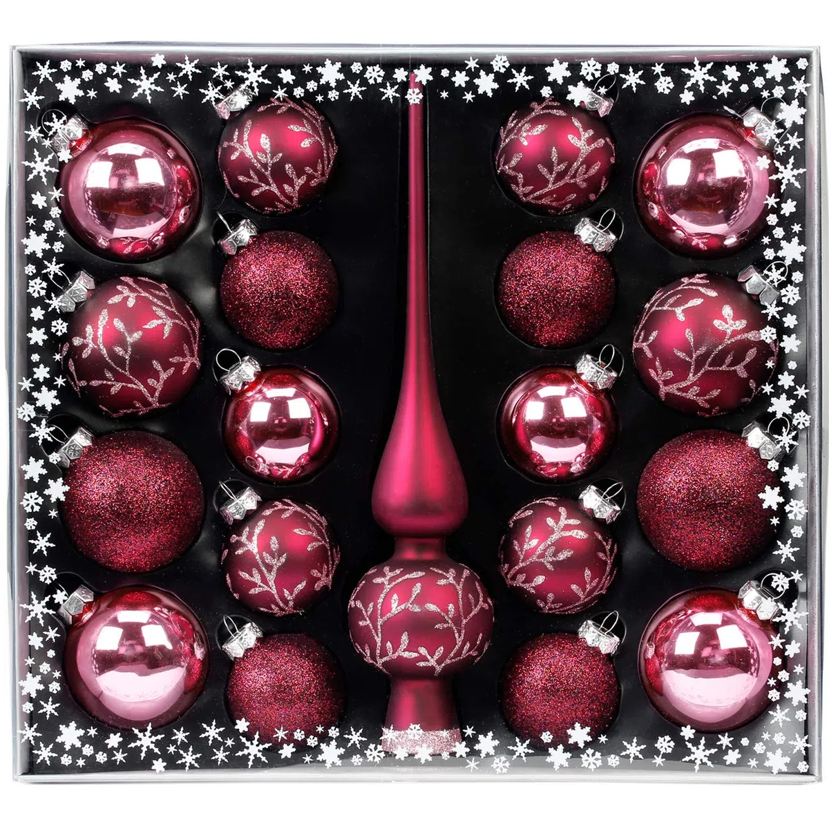 MAGIC Kugelsortiment Glas Dekor 19 TLG. mit Spitze Christbaumkugeln Christbaumschmuck Tannenbaum Deko Weihnachten Weihnachtskugeln Farbe: Berry Kiss Beere Glanz matt