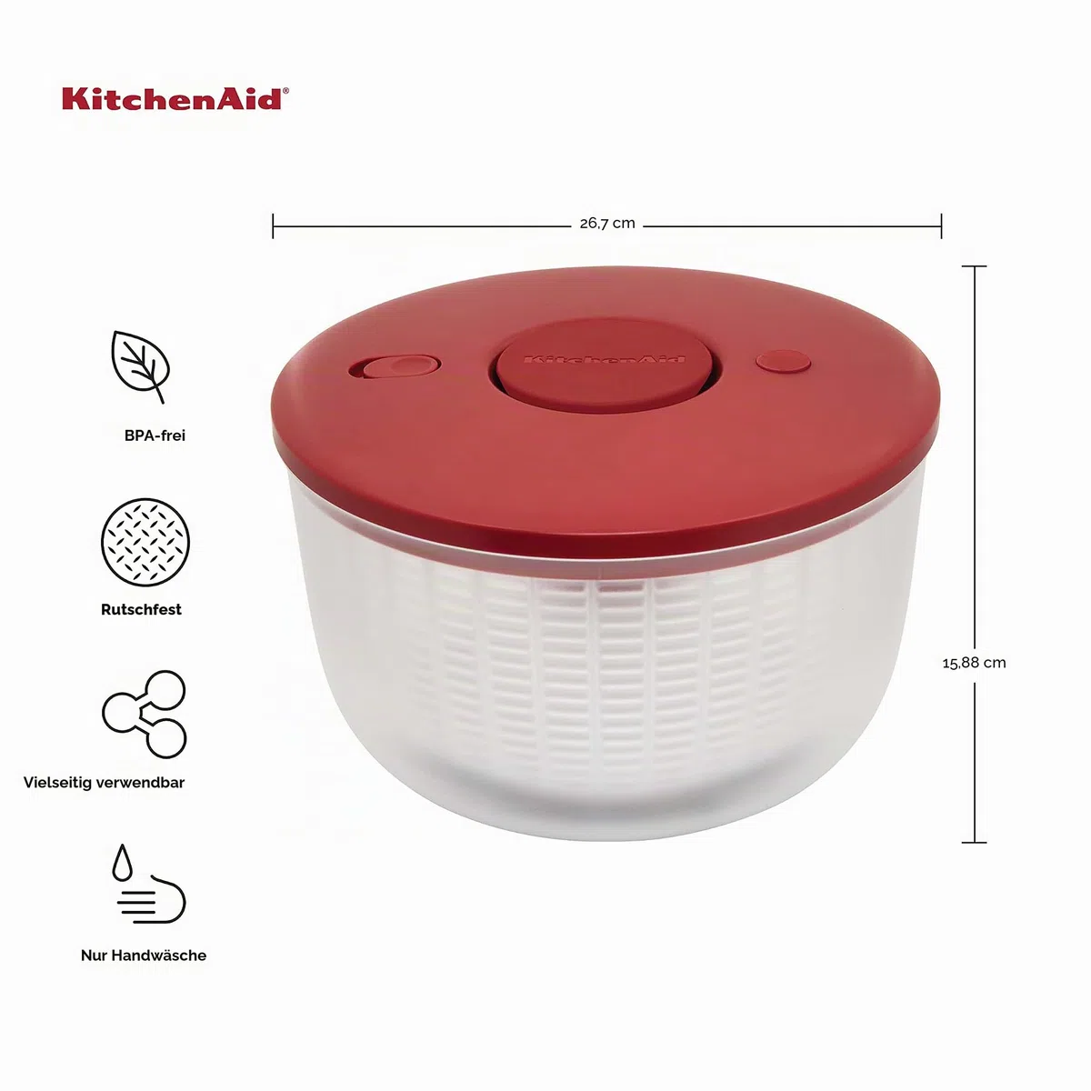 KitchenAid Universal-Salatschleuder mit abnehmbarer Schüssel, Sieb und Einhand-Pumpmechanismus, große Schüssel mit Nester und rutschfestem Boden, 7,43 Quart, Empire Red | Pumpmechanismus, große Schüssel, Kunststoff