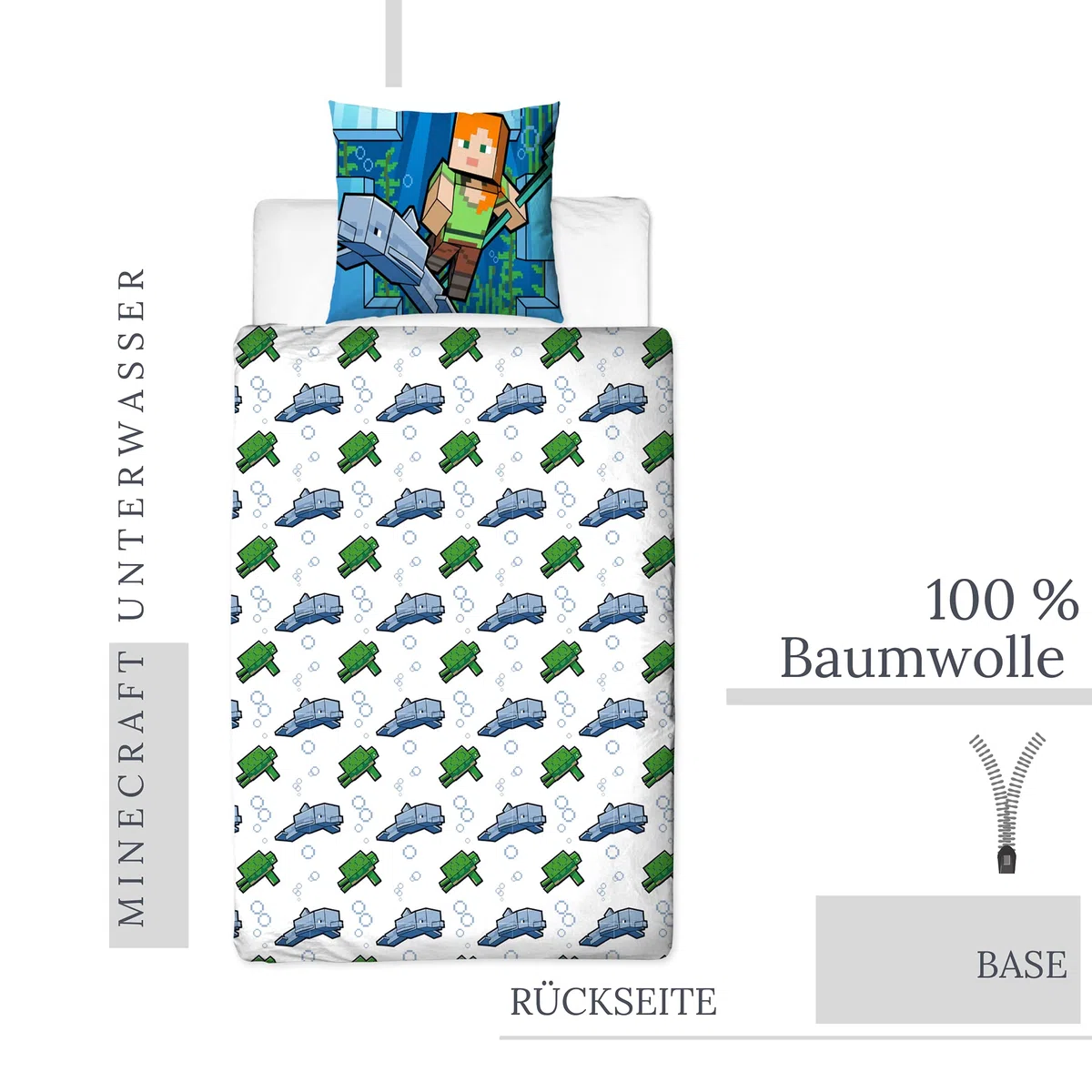Minecraft Bettwäsche Kinderbettwäsche Jugendbettwäsche 135x200 · Unterwasserwelt · Wende Motiv · Kissenbezug 80x80 + Bettbezug 135x200 cm · 100% Baumwolle · deutsche Größe