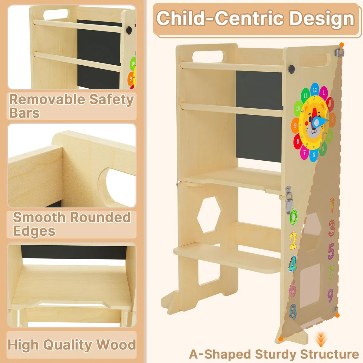 Lernturm ab 1 Jahr | 4-in-1 Lernturm Klappbar für Kinder |Learning Tower mit Tafel und Lernuhr aus Holz | Küchenhocker für Kleinkinder | Aus Nachhaltigem Holz | Stabiler Montessori