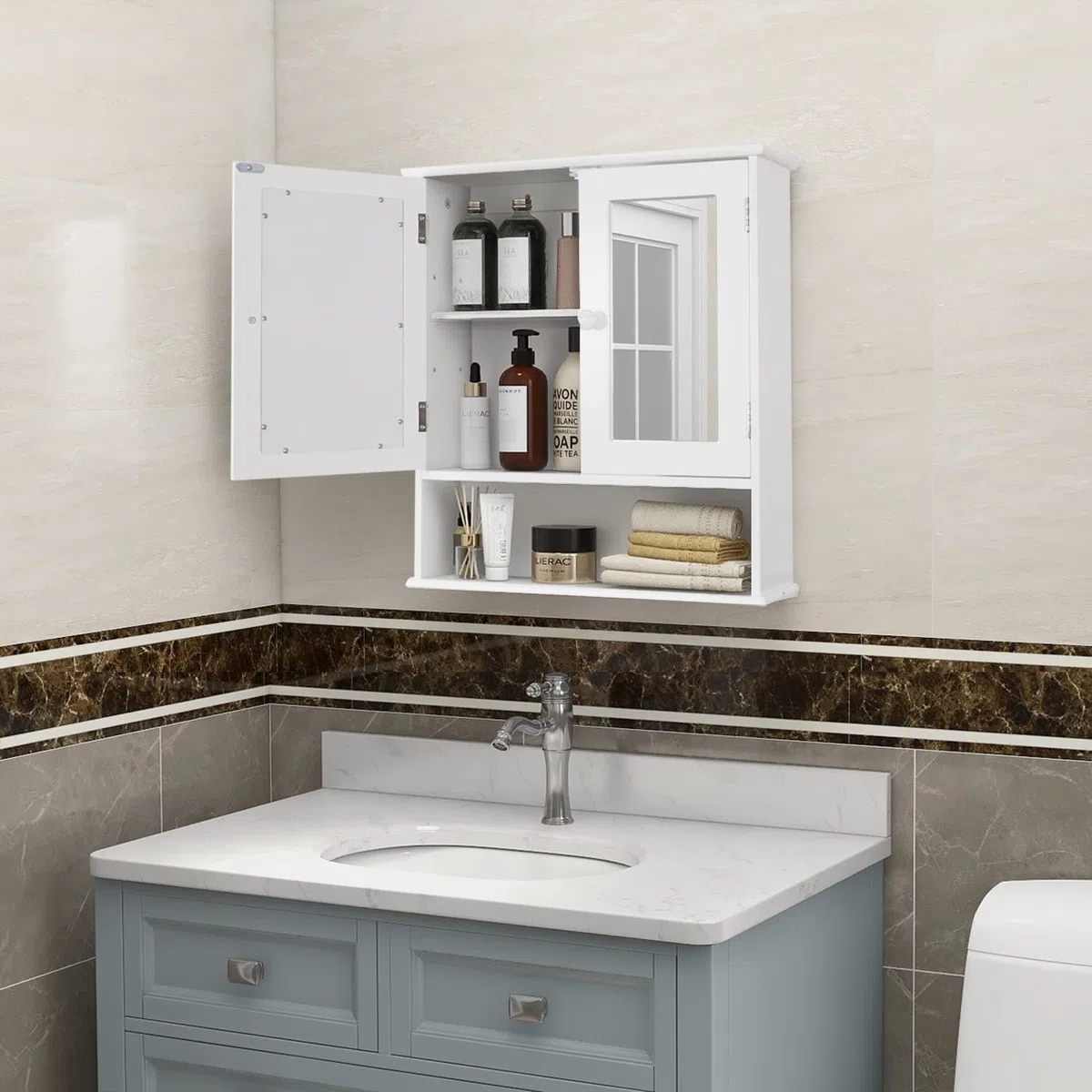 Spiegelschrank, Badezimmerschrank,Spiegelschrank Bad,Badezimmerschrank Hängend Hängeschrank Bad,Badschrank mit 2 Spiegeltüren und offenem Fach,Hölzerner Bathroom Cabinet,13 x 56 x 58 cm,Weiß