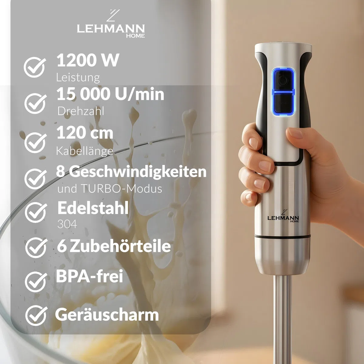 LEHMANN Stabmixer Set 1200 Watt - Multifunktions Pürierstab 5-in-1-6 Zubehör - 860 ml Messbecher - 8-stufige Geschwindigkeitsregelung - Turbo-Funktion - 15.000 U/Min - BPA-frei - Goldene Klinge