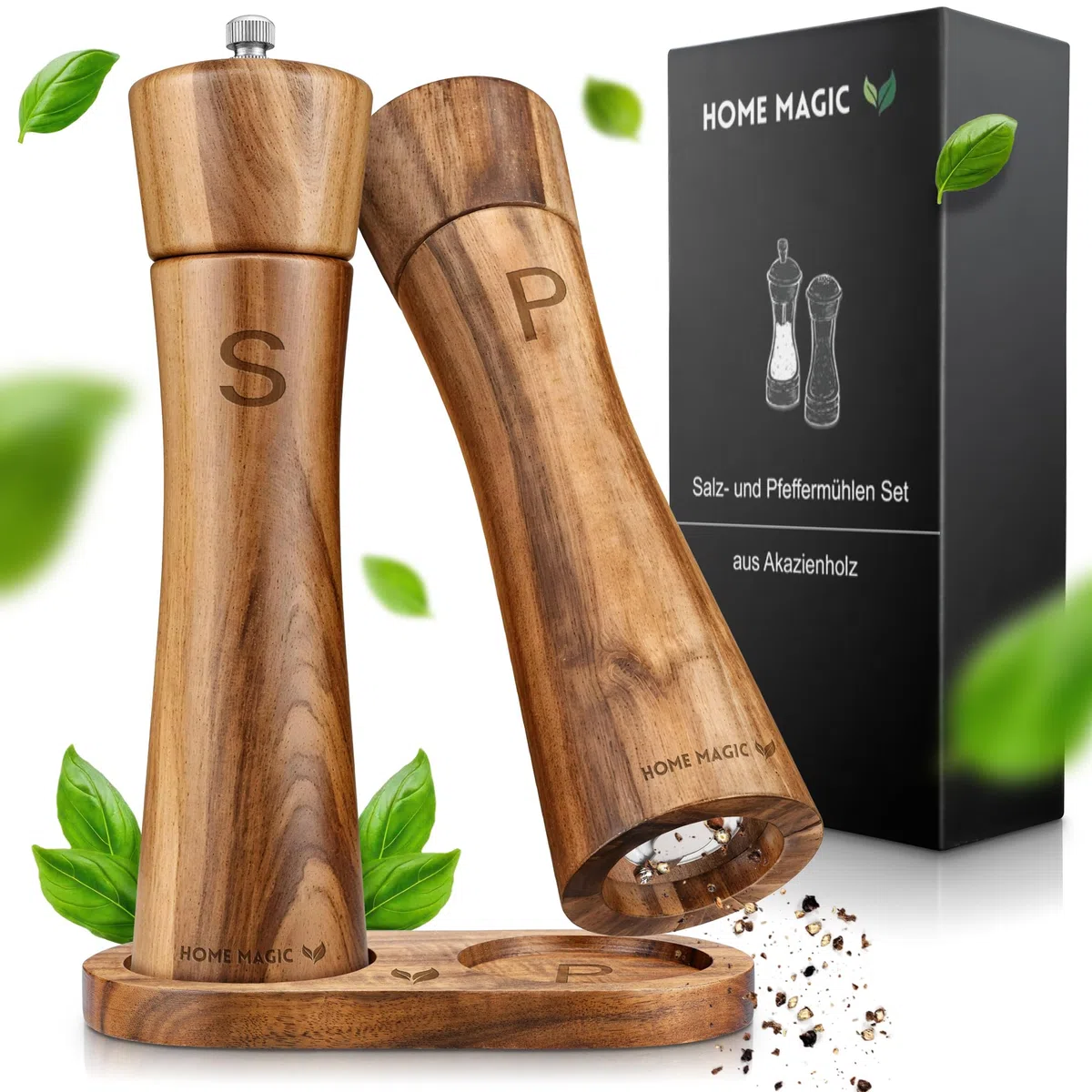 Pfeffermühle Holz – Premium Salz und Pfeffermühle 2er Set aus Akazienholz mit Untersetzer | Hochwertiges Keramikmahlwerk
