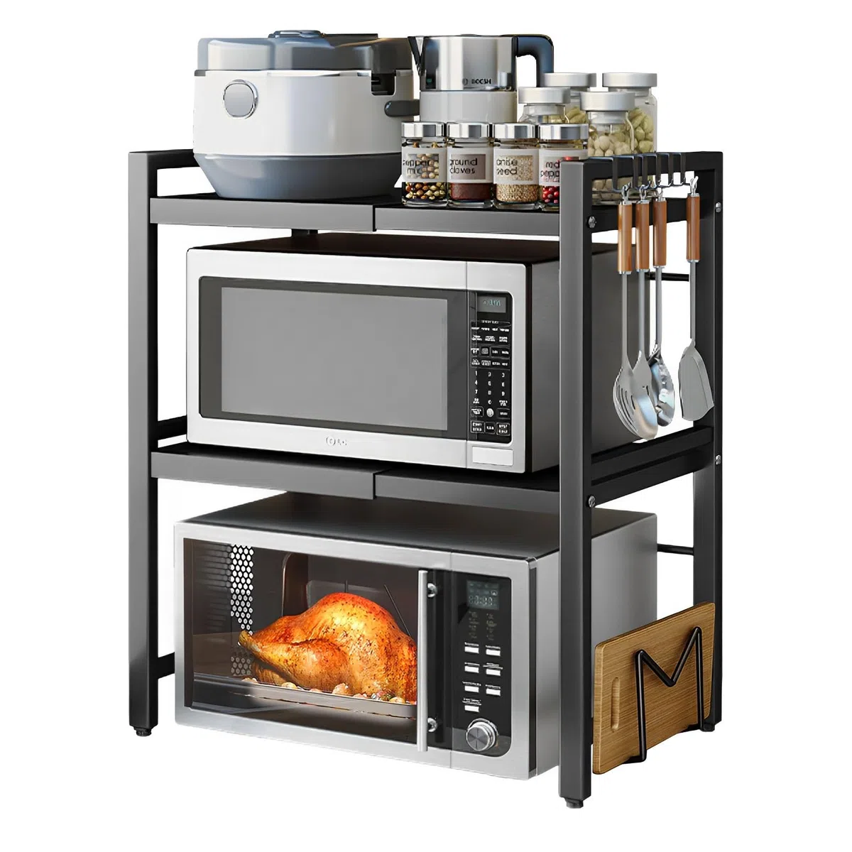 devesanter Mikrowellen Regal 3-Stufiges Ausziehbar arbeitsplatte Bäckerregale mit 6 Haken,Küchenregal Gewürzregal Mikrowellenschrank Organizer für Küchen Schwarz Ausziehbar von 40-64cm