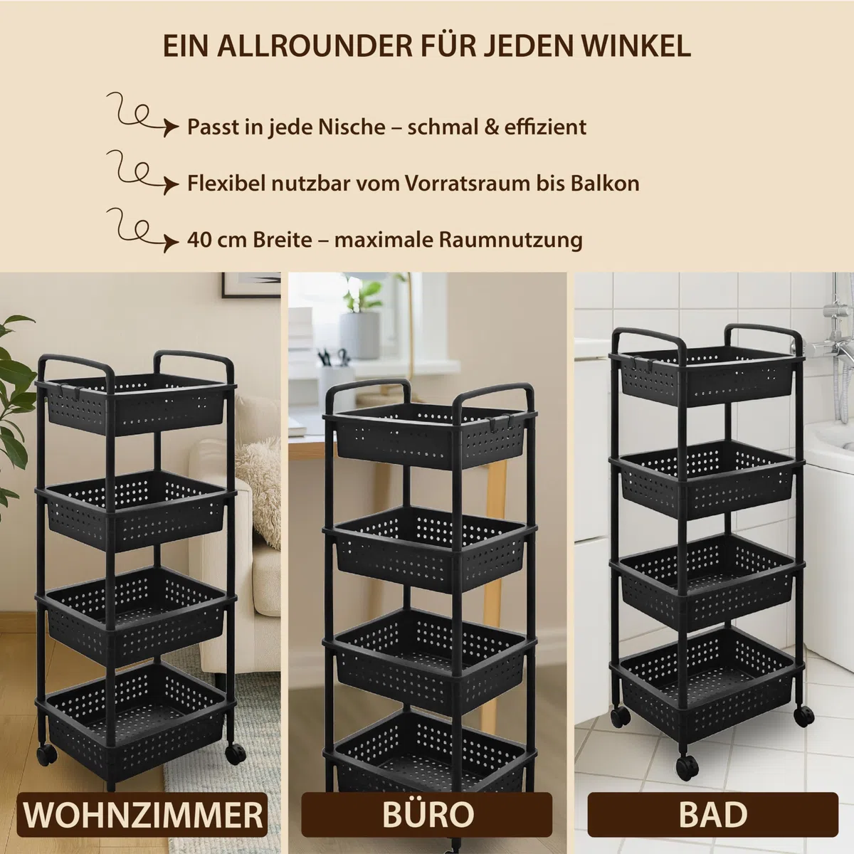 ABBAware Rollwagen mit 4 Körben, 40 x 30 x 100 cm Kunststoff Schwarz - Ablagefachwagen/Aufbewahrungswagen mit Rollen für Küche, Bad, Wohnzimmer