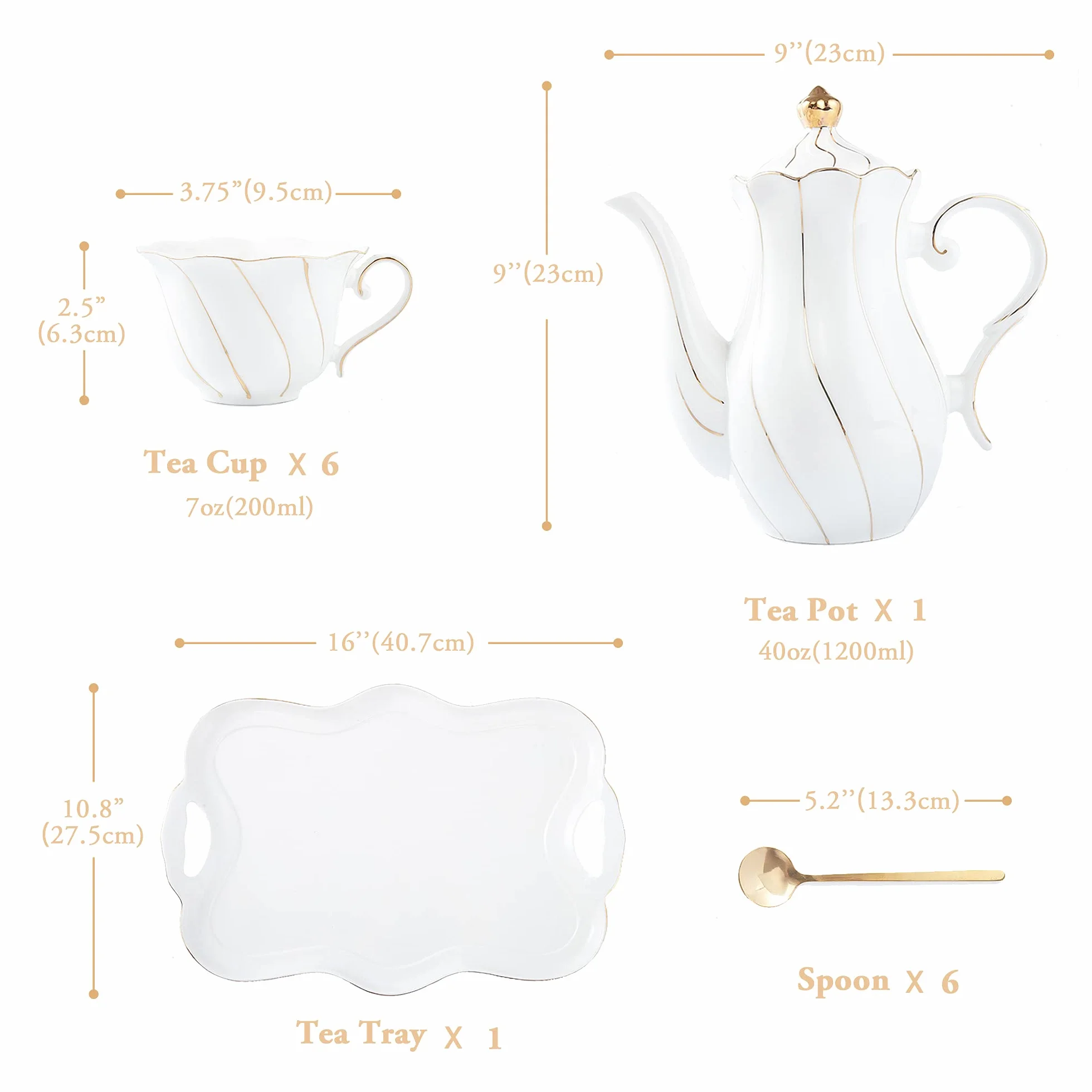 DUJUST 14 Teiliges Teeservice mit 6 Tabletts und -Löffeln, Luxuriöses Kaffeetassen-Set im Britischen Stil mit Goldenem Rand, Schönes Porzellan-Tee-Set, Tee-Party-Set, Geschenkpaket - Weiß