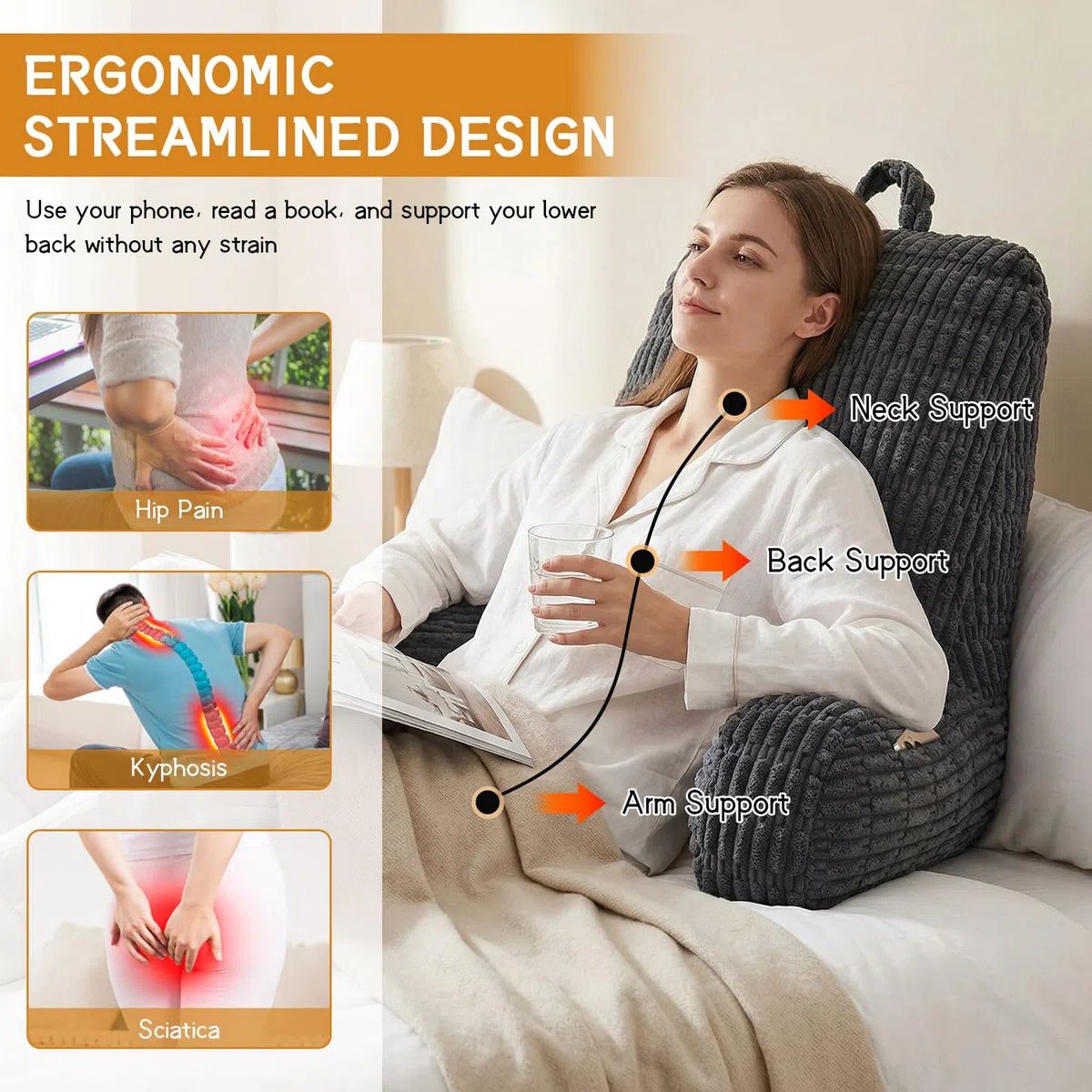 Lesekissen, Rückenkissen für Bett und Sofa, Rückenlehnenkissen für Erwachsene, Ergonomisches Stützkissen zum Sitzen, Lesen und Fernsehen