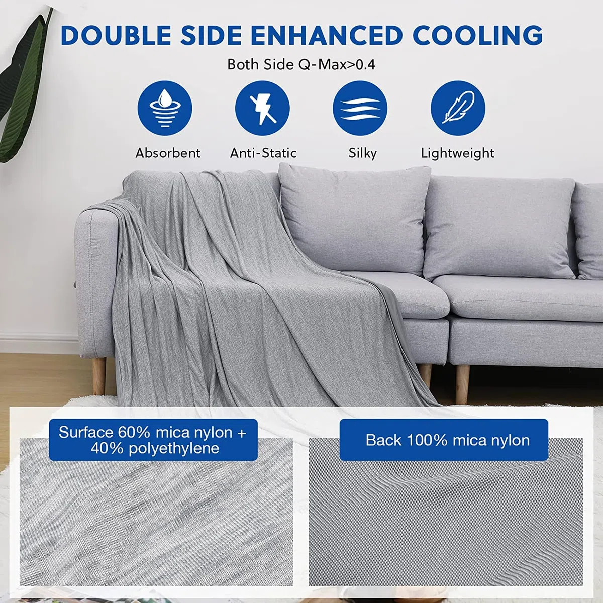 HOMFINE Kühldecke Decke für Heiße Schläfer - Leichte Sommerdecke mit Japanische Q-Max>0.45 Kühlfasern, 2 in 1 Doppelseitig Wohndecke Sofadecke Reisedecke, Grau 200 X 220 cm